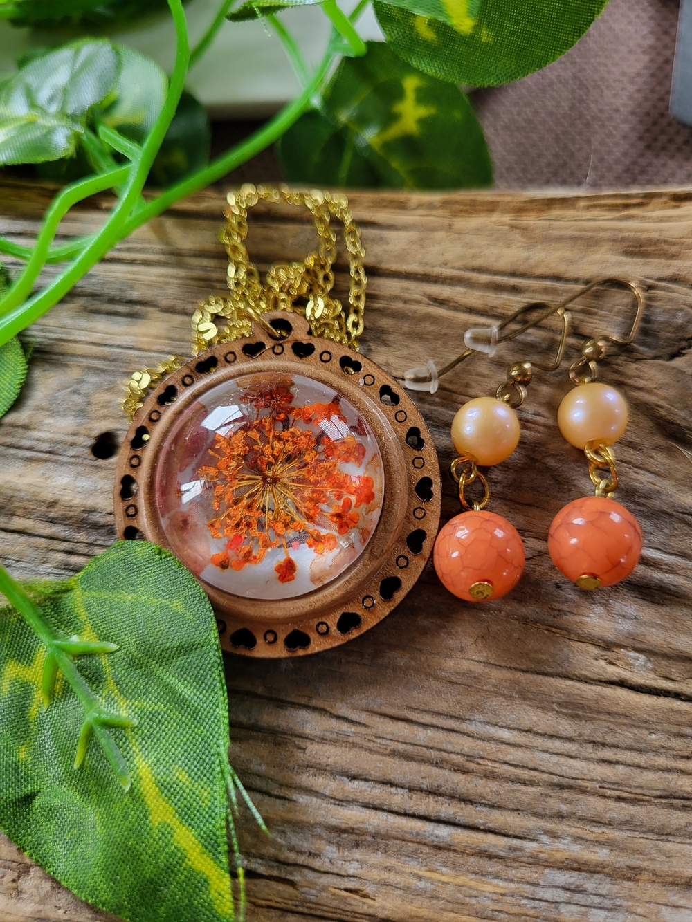 Orange Floral Wooden Necklace with Matching Earrings